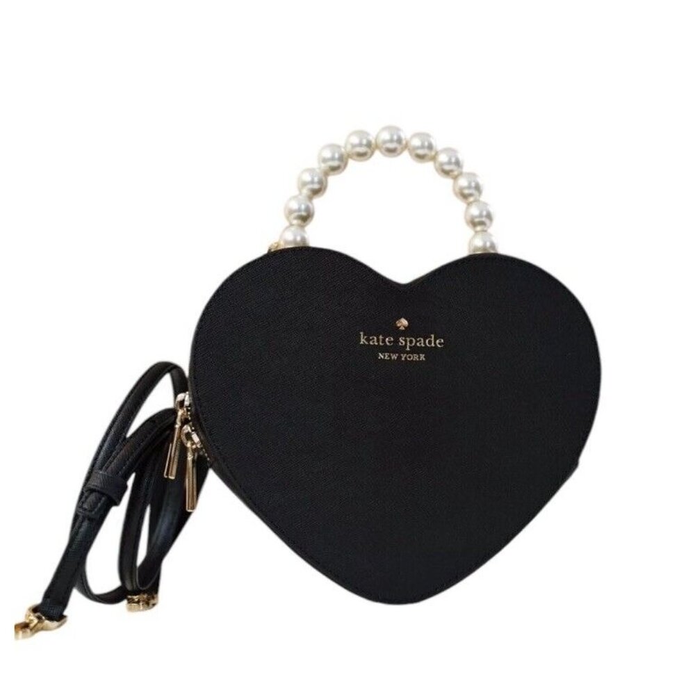 NWT Kate Spade KF516 Love Shack Heart Pearl Crossbody Purse Black Leather $389 - Picture 5 of 7